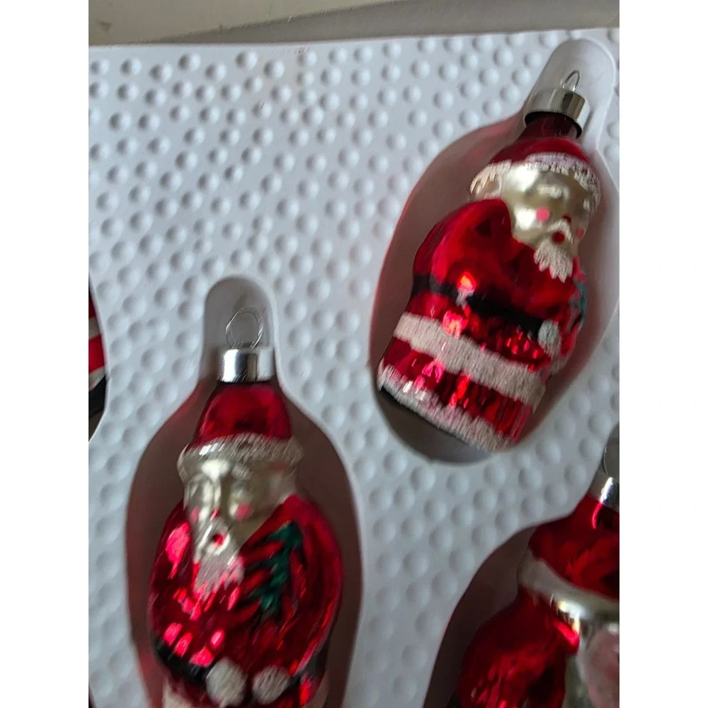 Vintage Bradford novelty Santa Mica glass ornament glitter Xmas tree red set